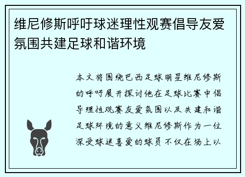 维尼修斯呼吁球迷理性观赛倡导友爱氛围共建足球和谐环境