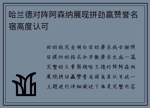 哈兰德对阵阿森纳展现拼劲赢赞誉名宿高度认可